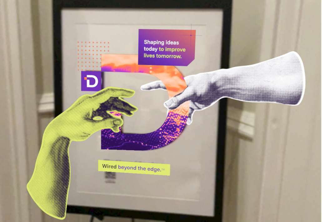 Two digital hands, one yellow and one white, reach toward each other with a colorful background and text about shaping ideas