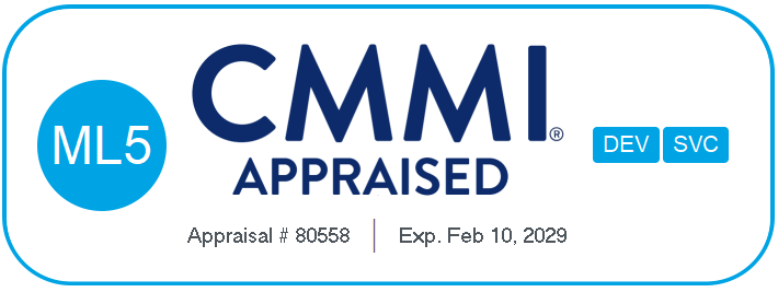 A digital badge for CMMI Appraised ML5 with development and service icons, appraisal number, and expiration date.
