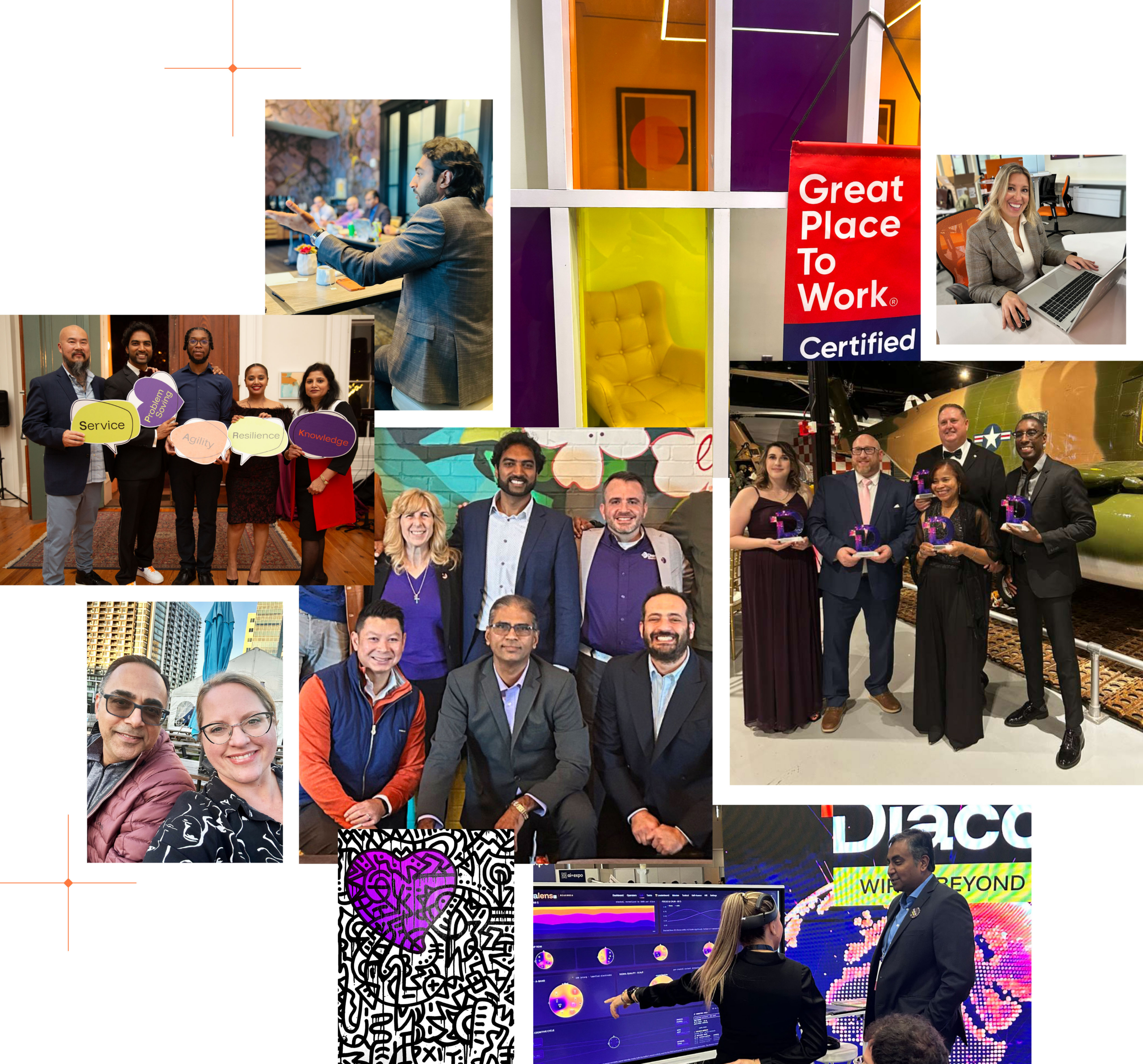 A collage of diverse people at events and workplaces, highlighting collaboration, innovation, and community engagement.