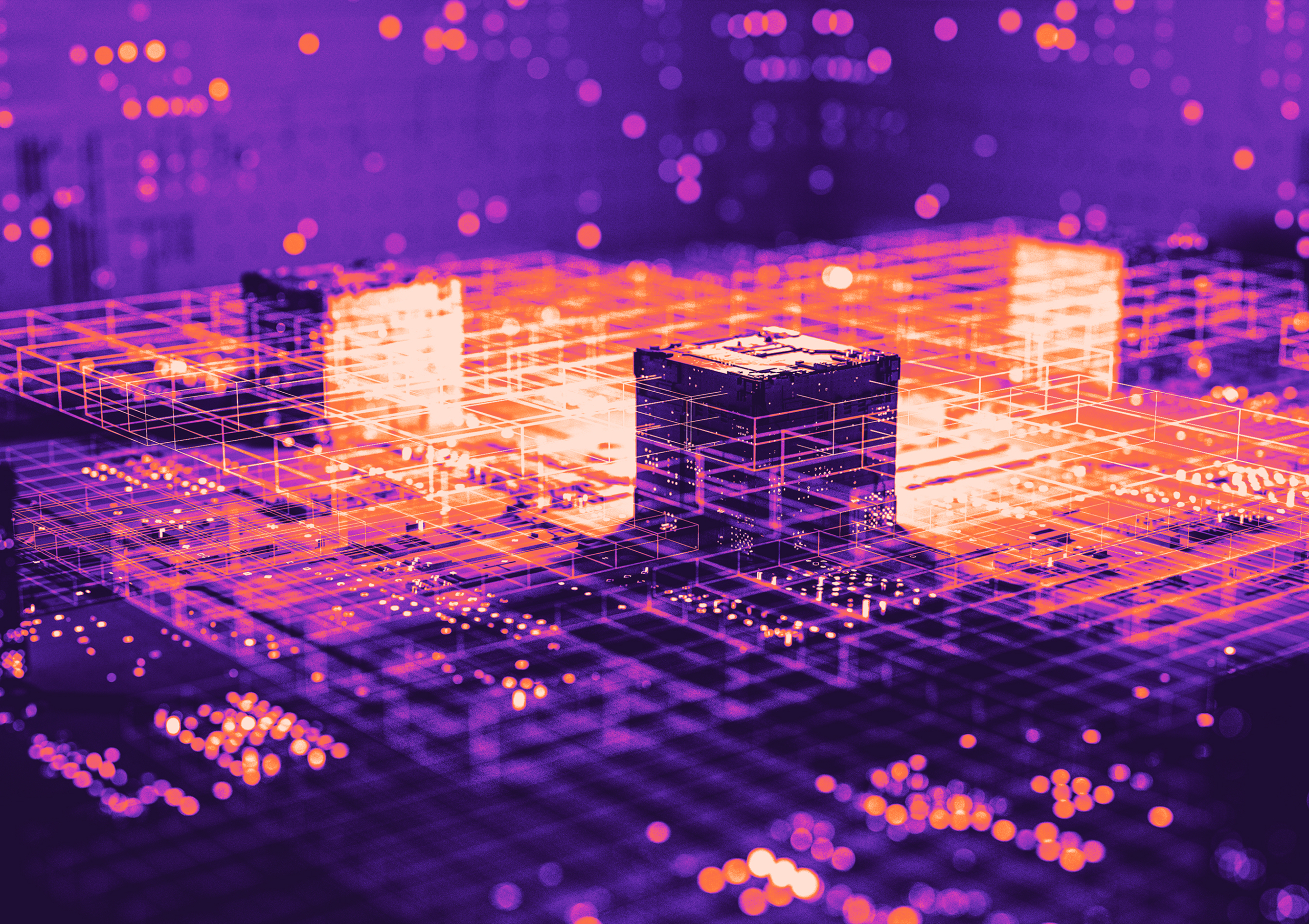 A digital abstract with glowing grid lines, cubes, and bright points in purple and orange tones representing technology and