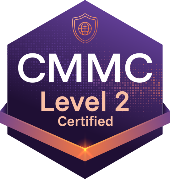 A hexagonal badge with a shield and globe icon at the top, displaying "CMMC Level 2 Certified" in bold white and pink text.