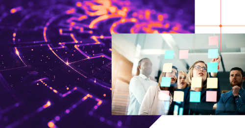 A diverse group of professionals collaborates and brainstorms using colorful sticky notes on a transparent board in a modern