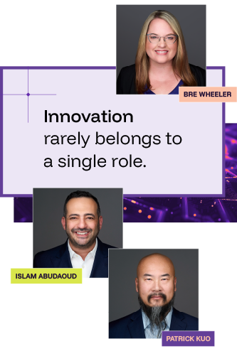 A quote about innovation from three professionals, with their photos and names: Bre Wheeler, Islam Abudauud, and Patrick Kuo.