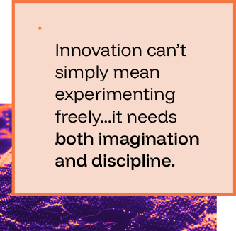 A quote on a pink background states that innovation requires both imagination and discipline.
