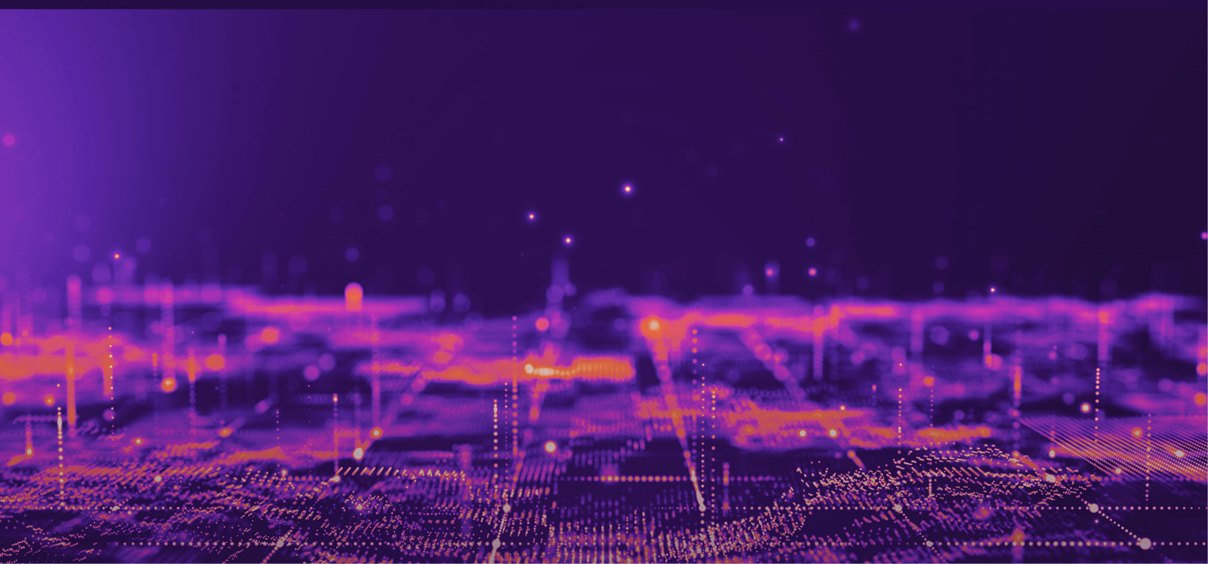 Abstract digital landscape with glowing purple and orange data points and lines, resembling a futuristic city or network.
