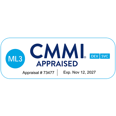 A certification badge indicating Diaconia's CMMI Level 3 appraisal, with appraisal number 73477 and expiration date November