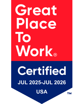 A badge with red, blue, and white sections displaying 