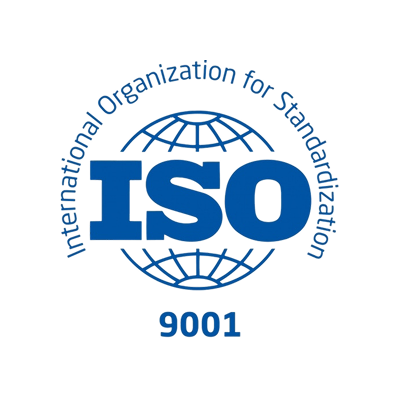 A blue and white logo of the International Organization for Standardization (ISO) with a globe design and "ISO 9001" text.