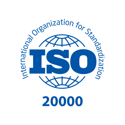 ISO IEC 20000 certification logo with a globe, "ISO" in bold, and "20000" beneath, representing international IT service