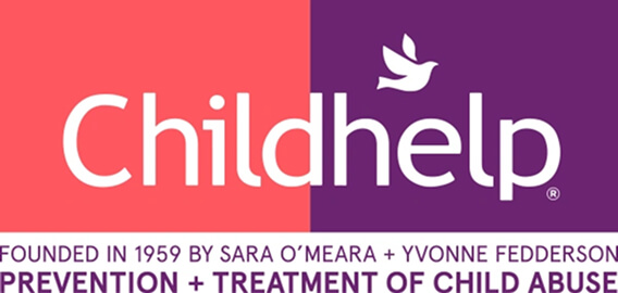 Childhelp logo with a purple and red background, featuring a white dove and text about child abuse prevention and treatment.