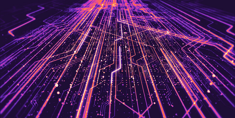 Bright purple and orange digital circuit lines radiate outward, symbolizing technological innovation and community
