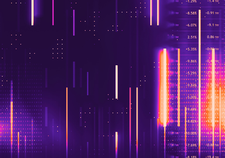 Digital financial data visualization with glowing vertical bars and numerical percentages on a dark purple background.