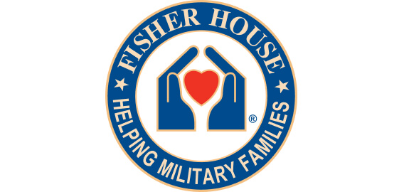 A circular logo with blue hands holding a red heart, surrounded by the text "Fisher House" and "Helping Military Families."