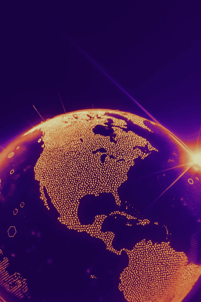 A digital representation of Earth illuminated with glowing orange dots against a dark purple background, highlighting global