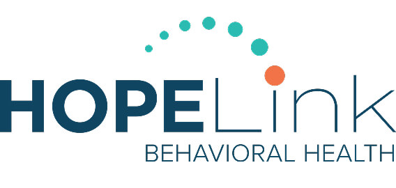 A logo featuring the words "HOPELink" with a dotted arc and a small orange circle above, representing behavioral health.
