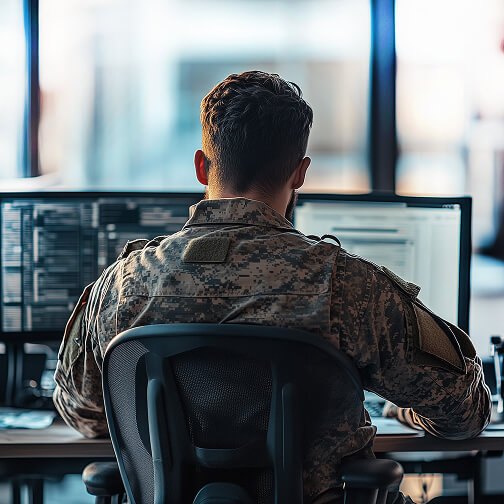 A soldier in camouflage uniform works at a computer station focused on defense and national security operations.