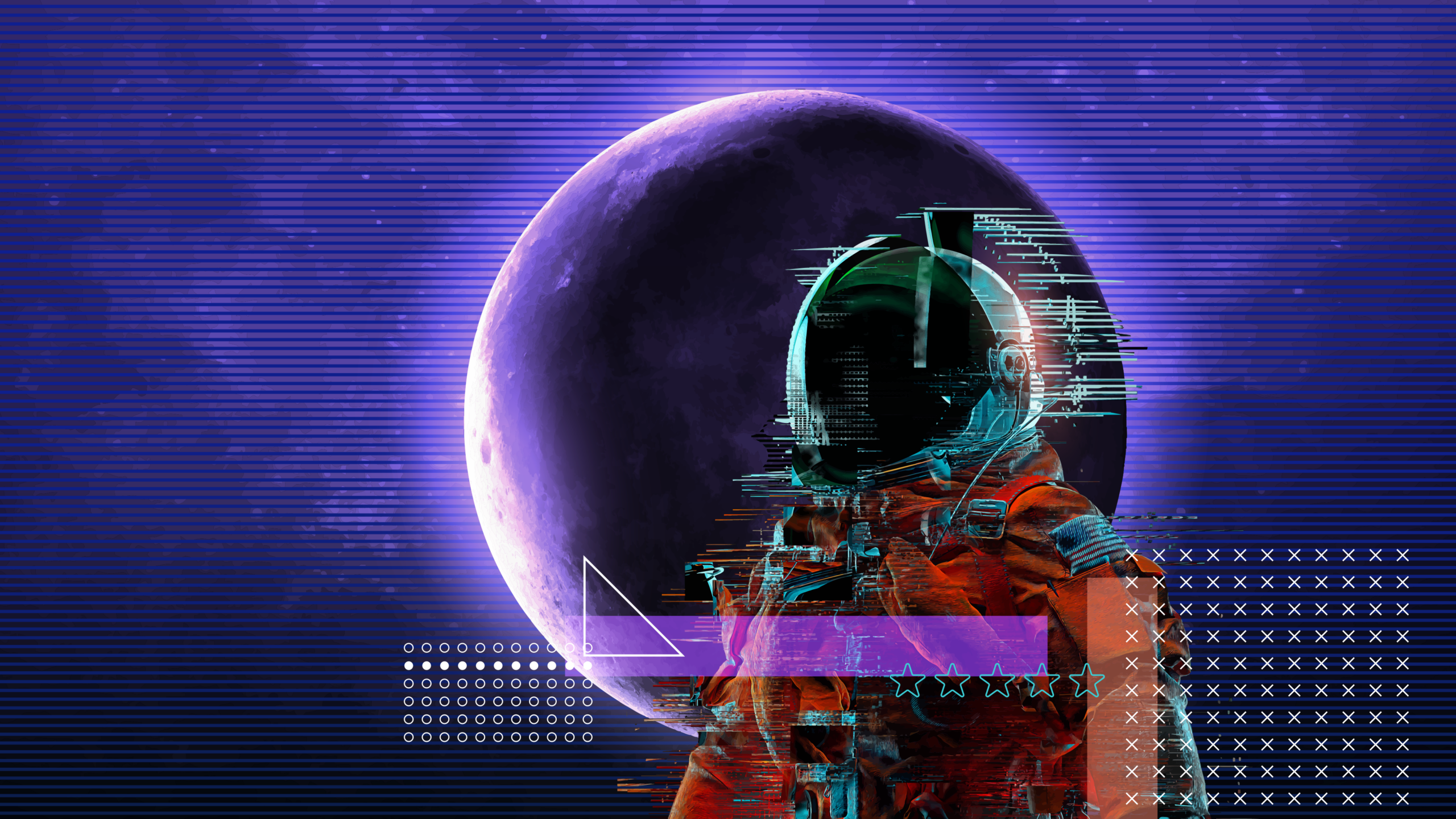 An astronaut in a spacesuit stands in front of a large, partially illuminated moon with digital glitch effects and