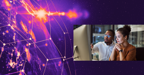 A diverse team collaborates on a computer screen amid a digital network background with glowing lines and nodes.