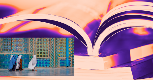 A large open book with vibrant purple and orange lighting, accompanied by an inset image of women in traditional attire