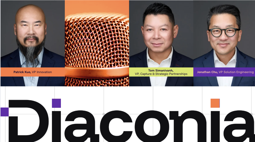 Headshots of three VP executives with their names and titles, along with a close-up of a microphone, and the Diaconia logo.