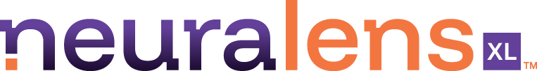 NeuraLens logo features the word "neuralens" with "XL" in a purple box, using purple and orange text on a black background.
