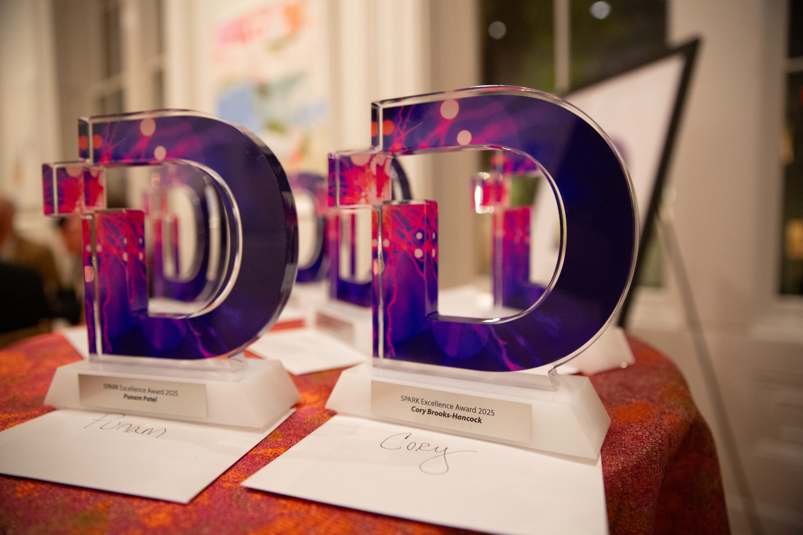 Colorful acrylic "D" awards with names and notes placed on a table at an event.
