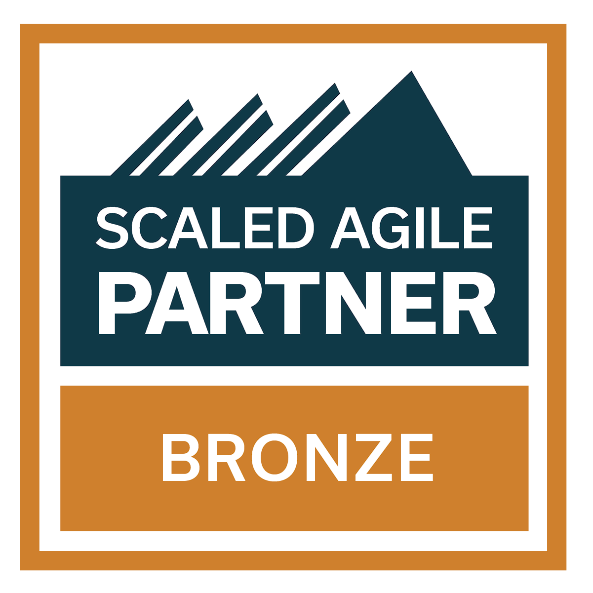 scaled-agile-pathfinder-partner-bronze Badge with a mountain graphic and text indicating "Scaled Agile Partner Bronze" in dark blue and bronze colors.